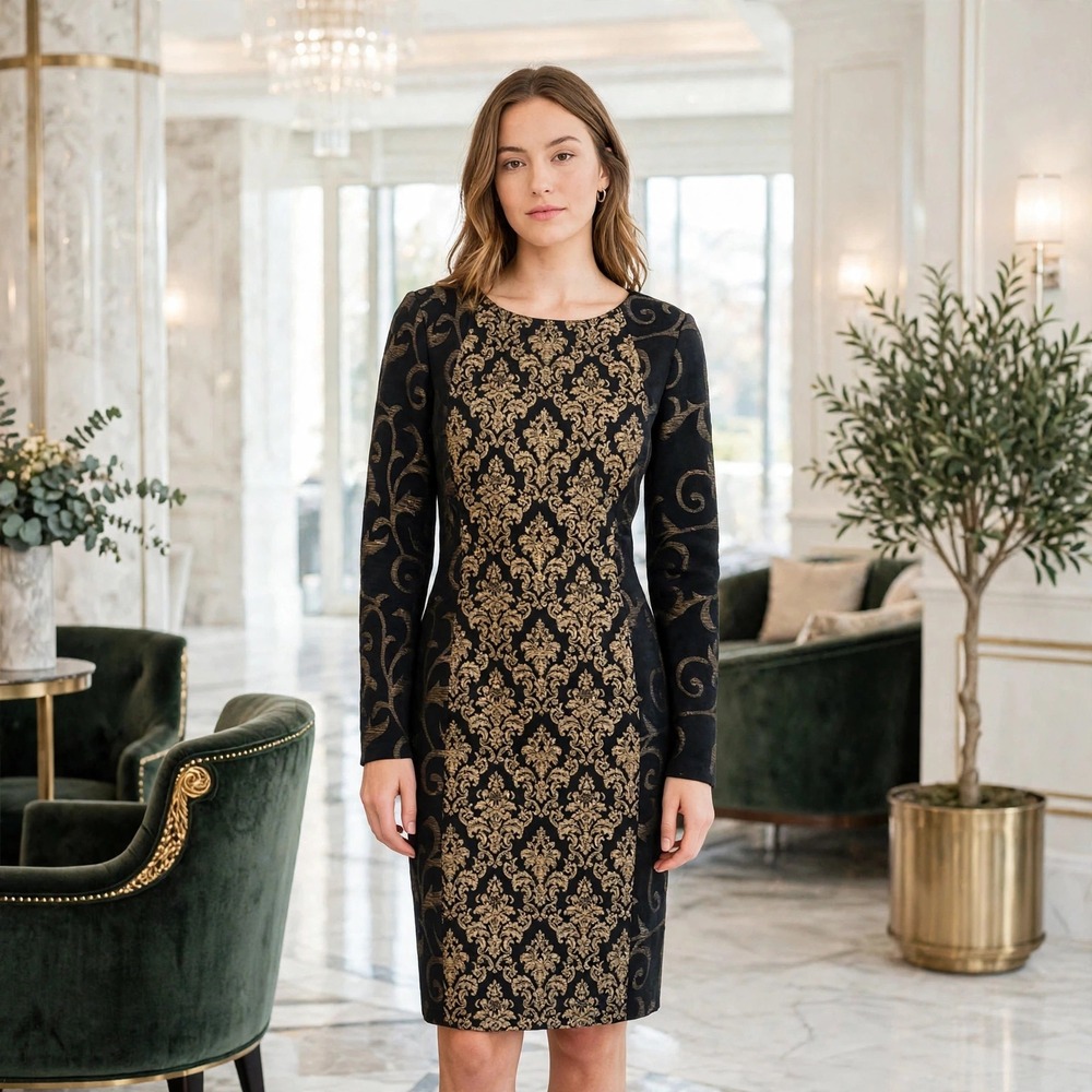 Antonio Melani Gold Black Damask Jacquard Sheath Dress Long Sleeve Metallic Sz 8